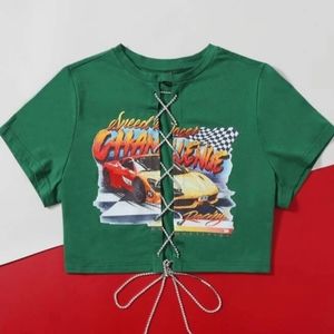 SHEIN Plus Car And Letter Graphic Reinstone Chain Crop Top